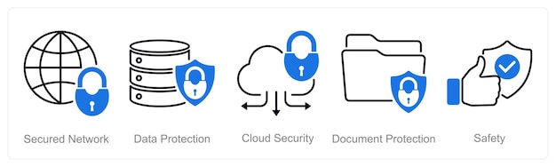 a set of 5 security icons as secured network data protection cloud security