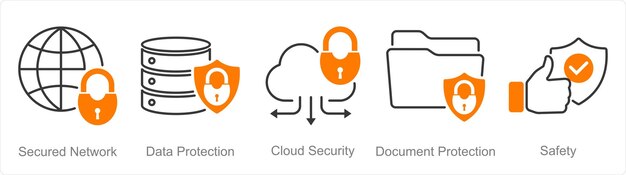 a set of 5 security icons as secured network data protection cloud security