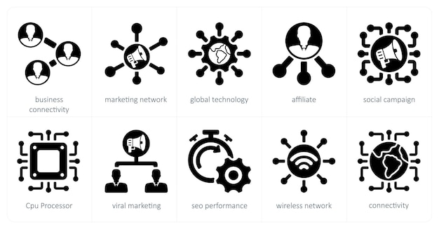 A set of 5 seo icons as business connectivity marketing network global technology