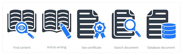 A set of 5 seo icons as find content article writing seo certificate
