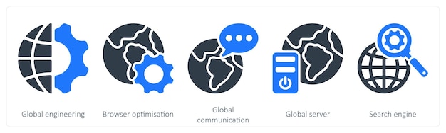 A set of 5 seo icons as global engineering browser optimization global communication