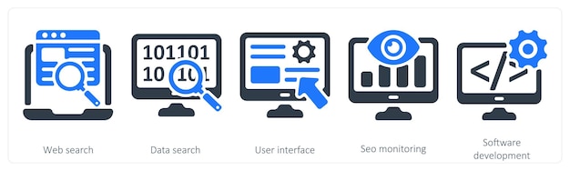 a set of 5 seo icons as web search data search user interface