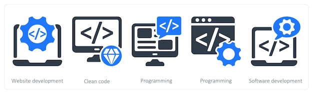 A set of 5 seo icons as website development clean code programming