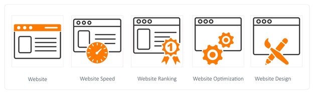 A set of 5 Seo icons as website webiste speed website ranking