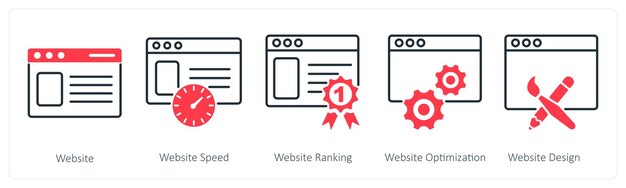 A set of 5 Seo icons as website webiste speed website ranking