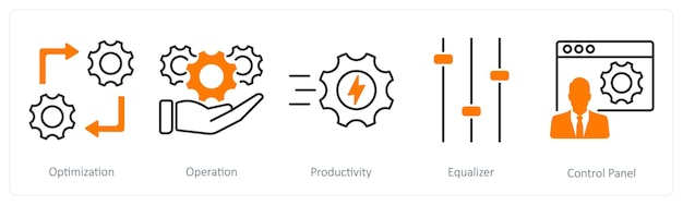 a set of 5 settings icons as optimization operation productivity