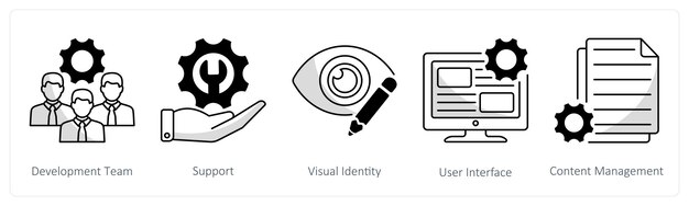 A set of 5 web design icons as development team support