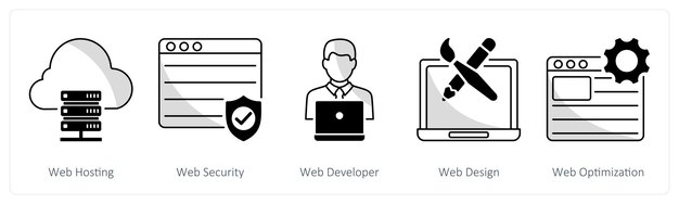 a set of 5 web design icons as web hosting web securityweb developer
