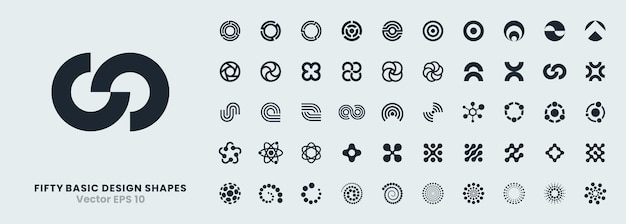 A set of 50 abstract vector icons based on circular shapes Lines spirals and radial patterns Includes geometric elements round symbols designs for use in logos graphics and technology concepts