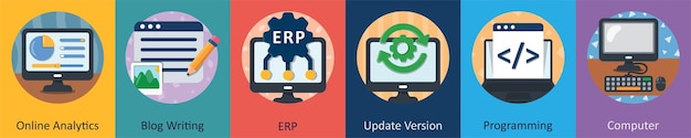 A set of 6 mix icons as online analytics blog writing er