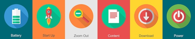 a set of 6 user interface icons as battery start up zoom out