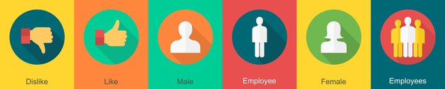 a set of 6 user interface icons as dislike like male