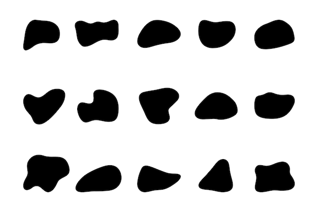 a set of black current free abstract shapes of spots isolated on a white background handdrawn