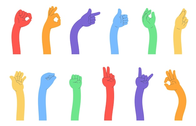 a set of colored flexible long arms stretching elongated hands with palms vector illustration