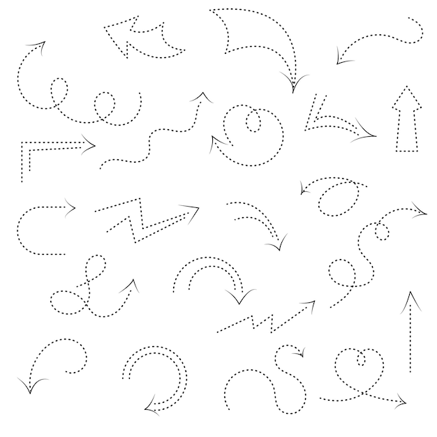 A set of decorative arrows up and down, circular and straight with dotted line. Collection of icon on the white background. Doodle style. Black outline.