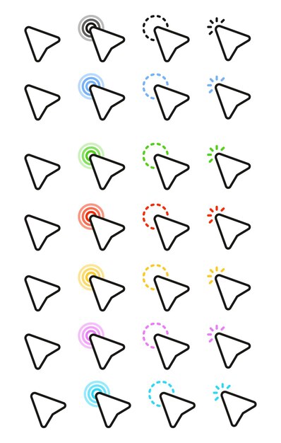 A set of flat simple cursor icons in different colors