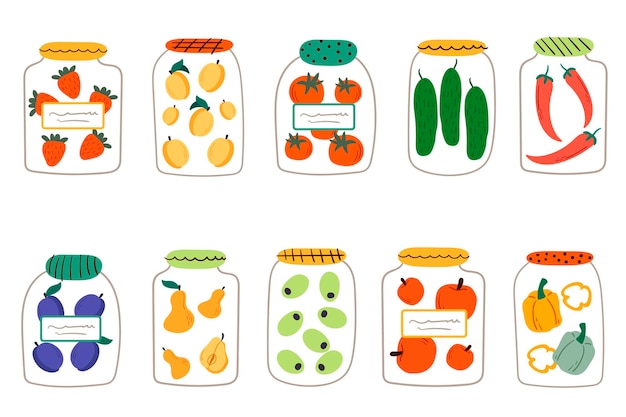 a set of glass jars with pickled vegetables and fruits. cartoon flat vector illustration. vector illustration of canned fruits and vegetables, healthy meal set