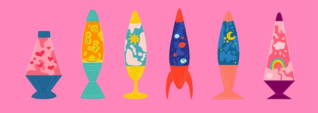 A set of lava lamps with liquid inside The concept of decor in the style of astro and disco 70s