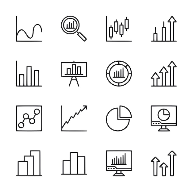 a set of line art icons for graphs and charts
