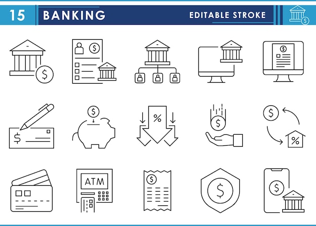a set of line icons related to banking vector editable stroke