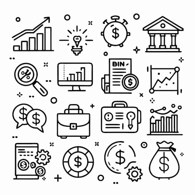 A set of line icons related to business and finance