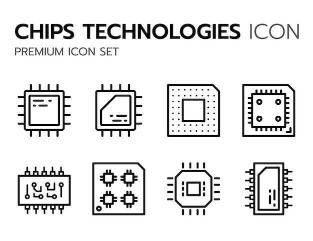 a set of line icons related to microprocessors cpu processors memory motherboard outline icons