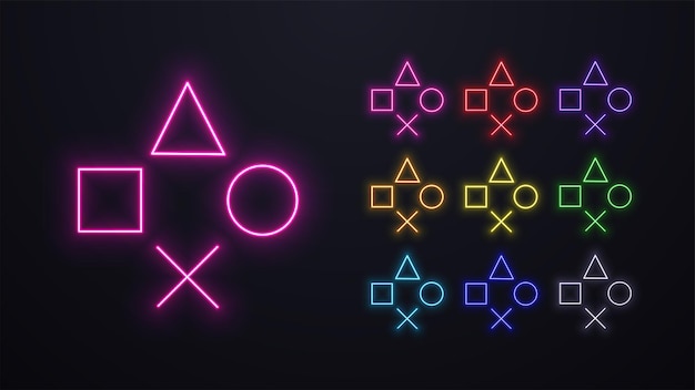a set of neon symbols on the gamepad badges on the joystick