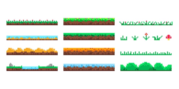 a set of pixelated seamless landscape elements with lake flowers trees