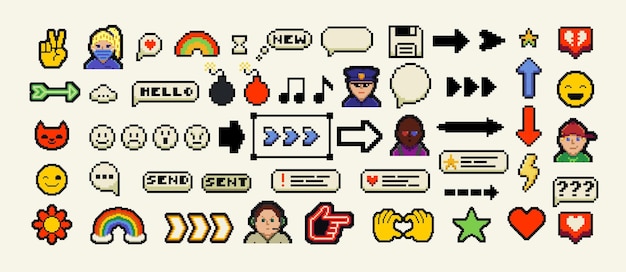 a set of pixels elements y2k trendy stickers mood of 90s aesthetics 8bit retro style