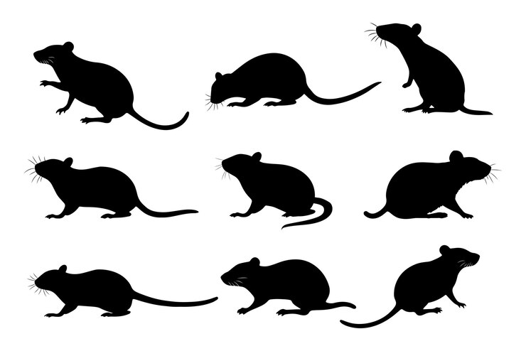 Vector a set of rat silhouette black color in different sitting and standing style side pose and playing