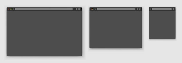 A set of realistic empty gray browser windows of different shapes with a toolbar a search bar and a