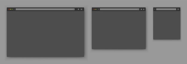 A set of realistic empty gray browser windows of different shapes with a toolbar a search bar and a