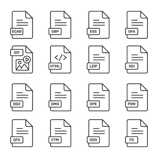 A set of simple colorful icons representing various file formats