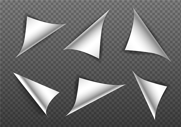A set of six curled paper corners in various positions and angles Vector illustration