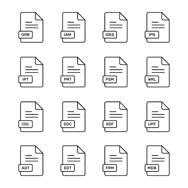 A set of twelve flat icons each depicting a document with a different file format abbreviation