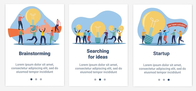 A set of UI and UX interfaces for the user interfaceThe topic is Brainstorming and startup
