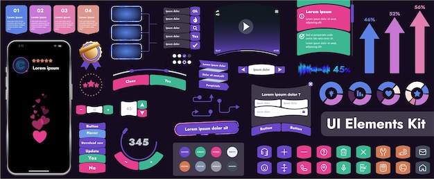 A set of user interface elements UI kit intended for use in mobile applications and websites It contains a large collection of icons buttons and has cartoonish rounded shapes