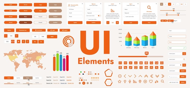 a set of vector buttons and user interface GUI elements designed for modern applications and websites The collection includes buttons for navigation menus forms and control panels