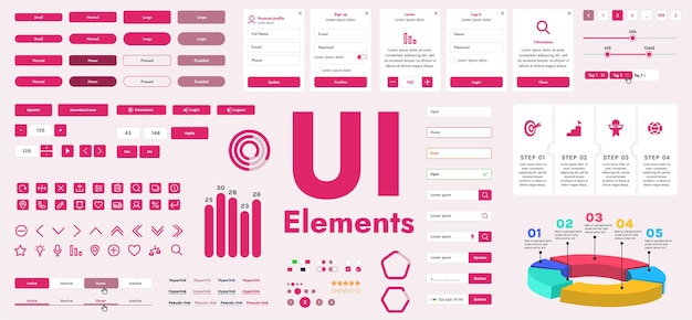a set of vector buttons and user interface GUI elements designed for modern applications and websites The collection includes buttons for navigation menus forms and control panels