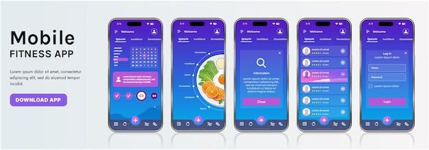 a sleek fitness app interface template featuring responsive design elements including dashboards