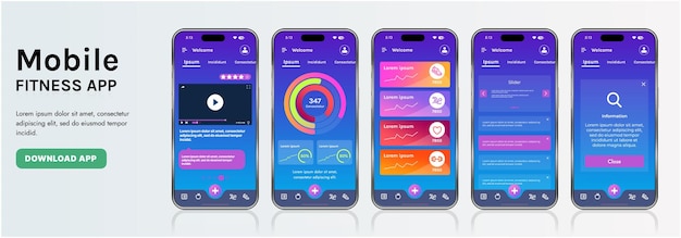 a sleek fitness app interface template featuring responsive design elements including dashboards