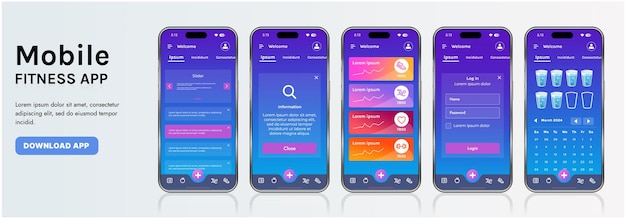 a sleek fitness app interface template featuring responsive design elements including dashboards