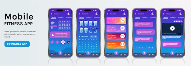 a sleek fitness app interface template featuring responsive design elements including dashboards