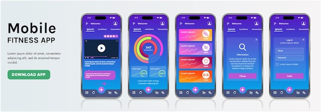 a sleek fitness app interface template featuring responsive design elements including dashboards