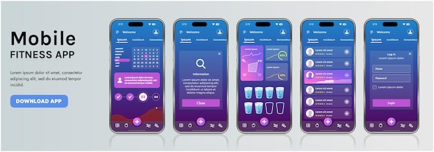 a sleek fitness app interface template featuring responsive design elements including dashboards