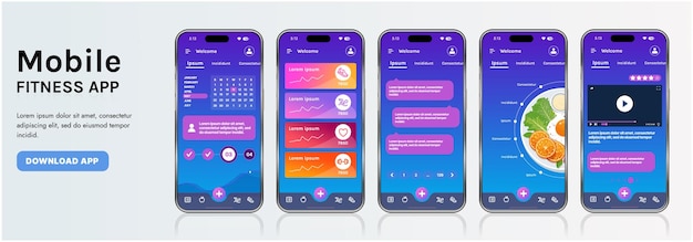 a sleek fitness app interface template featuring responsive design elements including dashboards