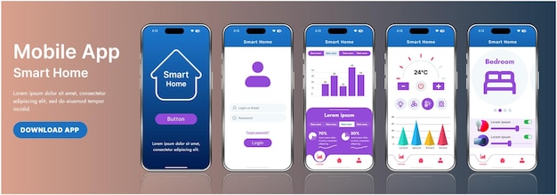 a sleek smart home application interface template featuring modern icons and a gradient design includes navigation menus for managing devices monitoring security controlling temperature