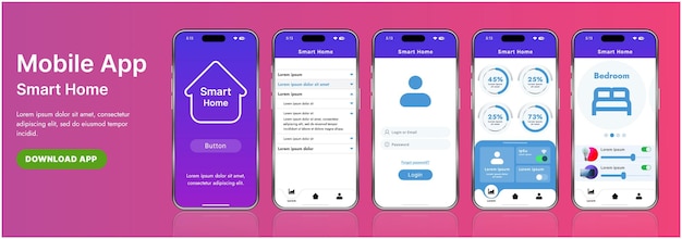 a sleek smart home application interface template featuring modern icons and a gradient design includes navigation menus for managing devices monitoring security controlling temperature