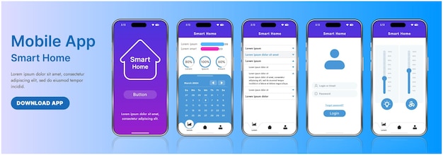 a sleek smart home application interface template featuring modern icons and a gradient design includes navigation menus for managing devices monitoring security controlling temperature
