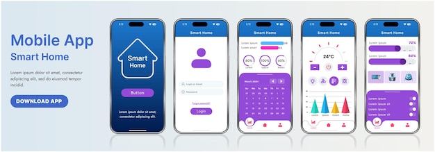a sleek smart home application interface template featuring modern icons and a gradient design includes navigation menus for managing devices monitoring security controlling temperature